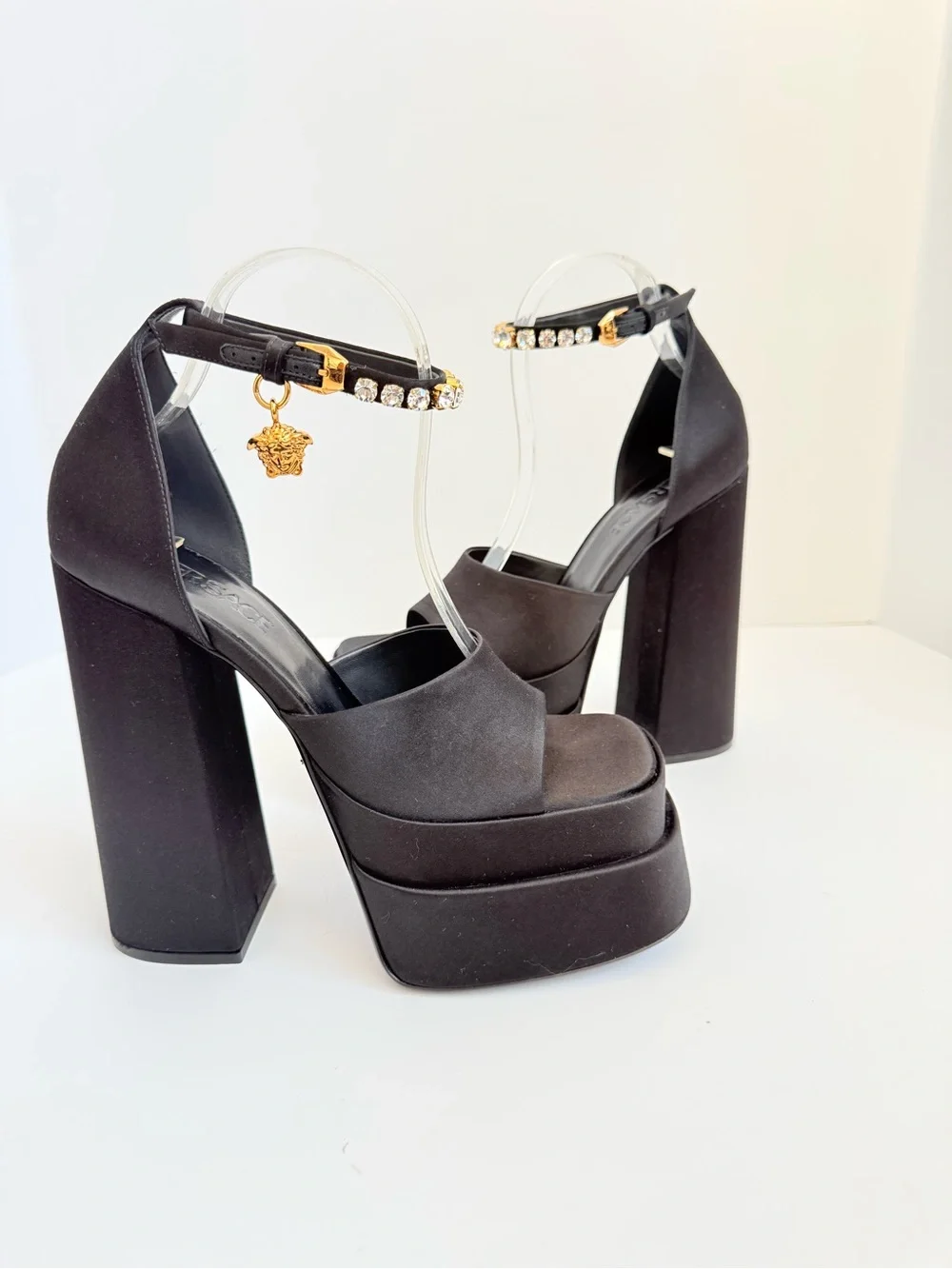 NEW Versace Medusa Crystal Open Toe Platform Sandals Black Satin Block Heels 38